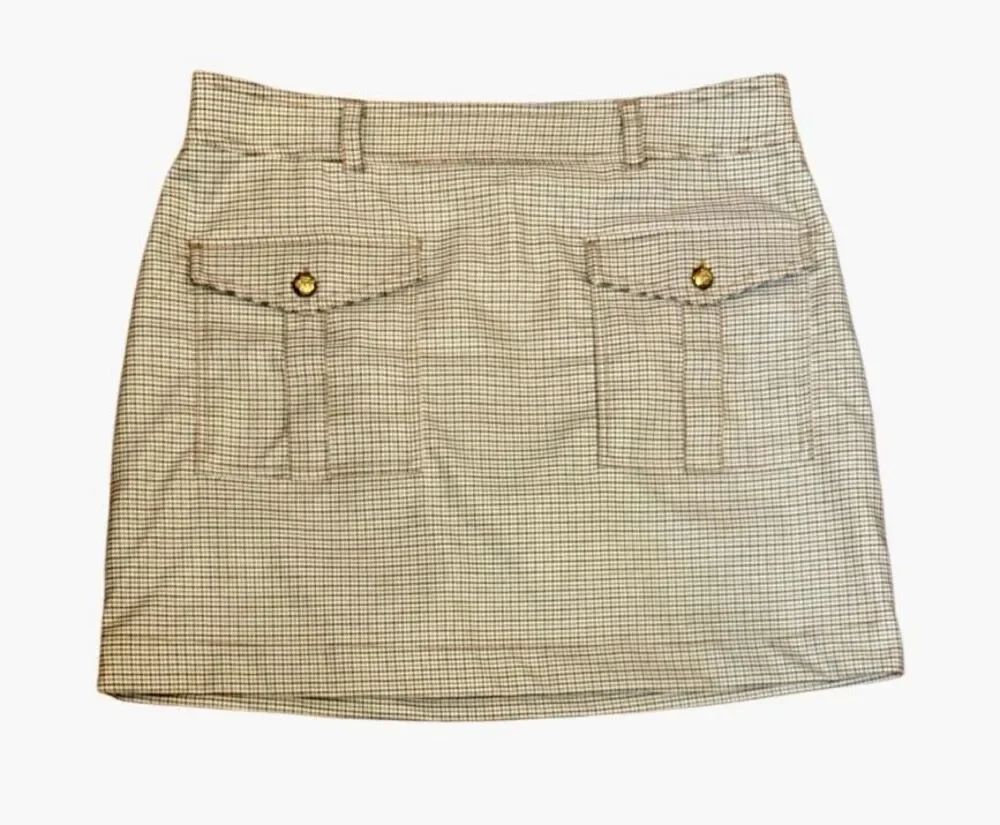LOFT Plaid Patch Pocket Mini Skirt Sz. 14 Micro Houndstooth Statement Gold Butto